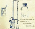 Desenho feito por Augusto Conte à Nilton Emilio Bührer.  Da esquerda para direita: pesa filtro sem tampas de 2 cm de diâmetro e 3 cm de altura e um bastão de vidro de 4 cm; erlenmeyer de 300 cc. com uma bureta graduada e por último frasco com rolha esmeri