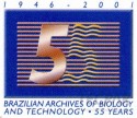 Selo comemorativo da  revista Brazilian  Archives of Biology and Technology, relativos aos cinqüenta e cinco anos de sua criação.